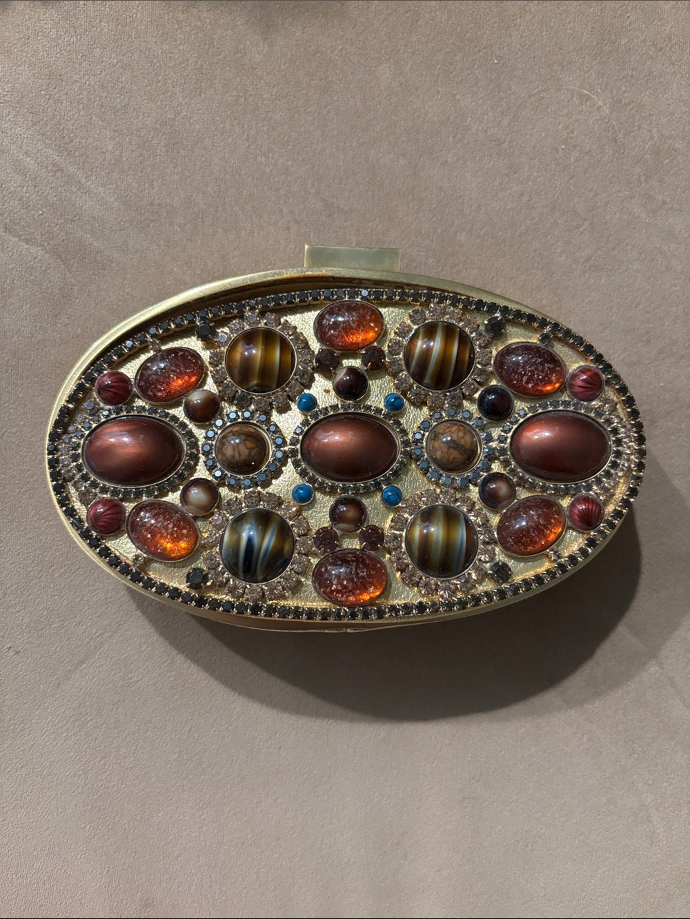 Gold-Tone Oval Gemstone Embellished Jewels Moo Roo Mary Norton Clutch Bag